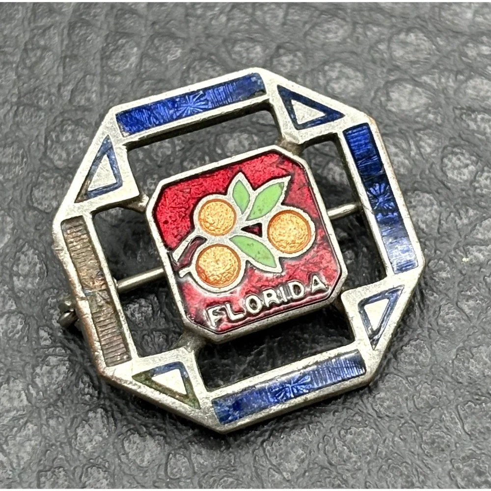 Antique Art Deco Guilloche Enamel Pin Florida Oranges Small Souvenir READ